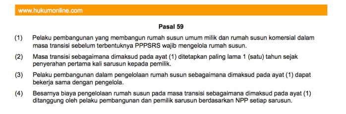 Pasal 59, UU No.20 tentang Masa Transisi Pengelolaan Rumah Susun Sebelum PPPSRS Terbentuk Pasal 59, UU No.20 tentang Masa Transisi Pengelolaan Rumah Susun Sebelum PPPSRS Terbentuk